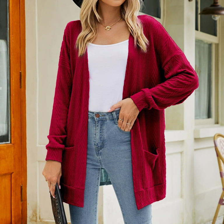 Plus Size Cardigan Clearance under 20 Woman Fashion Pocket Solid Color Long Sleeves Knit Cardigan Loose Tops Blouse Sweater Wine Xxl