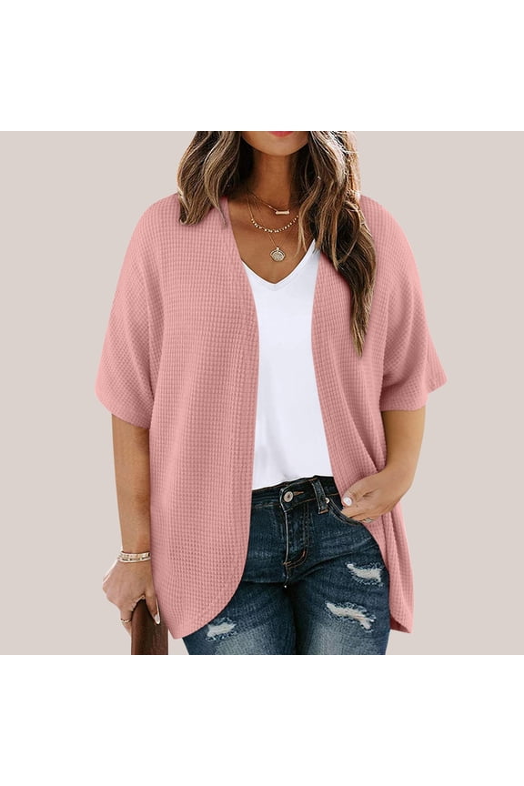 Plus Size Cardigan, Open Front Short Sleeve Cover-Up for Women, Spring Summer Casual Lightweight Rayon Blend Fabric