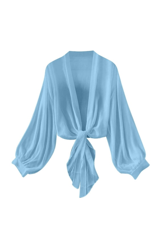 Plus Size Cardigan Summer New Women Tie Front Beach Cover up Chiffon Cardigan Crop Tops Swimming Bikini Bathing Long Sleeve Beach Shirt Blue XXL