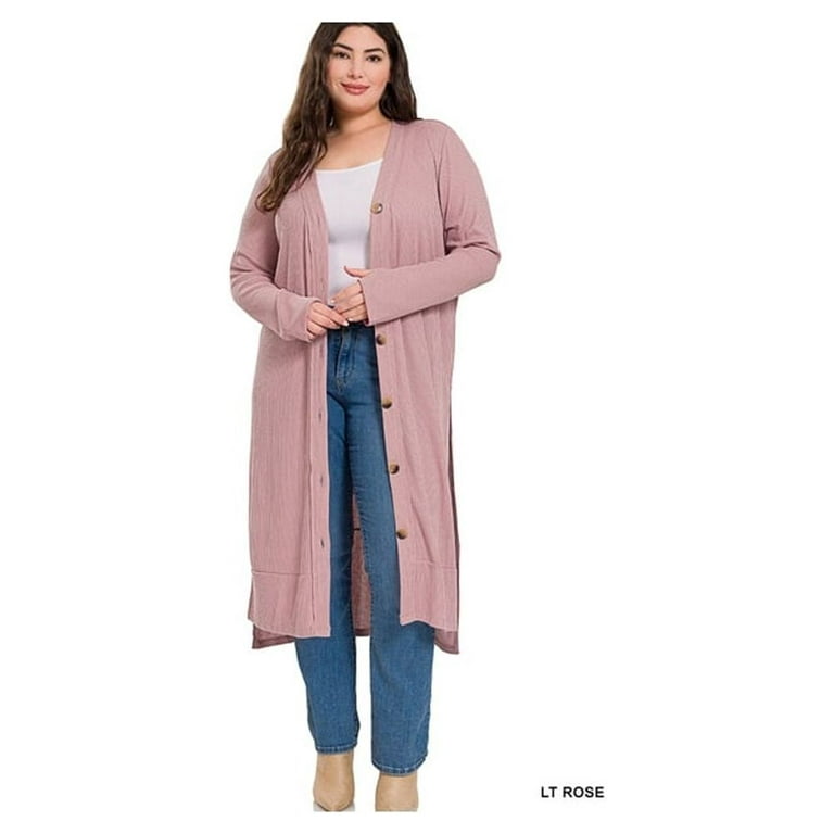 Plus Size Cardigan Sweater Tall Women Ribbed Long Topper Duster Buttoned  Hi-Low Side Slits Thumbholes Light Rose