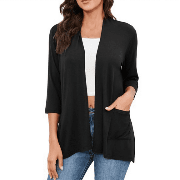 Plus Size Cardigan for Women, Yigetop Womens Casual Lightweight Cardigans with Pockets 3/4 Sleeve Open Front Dusters Cardigan Sweaters for Women Black L