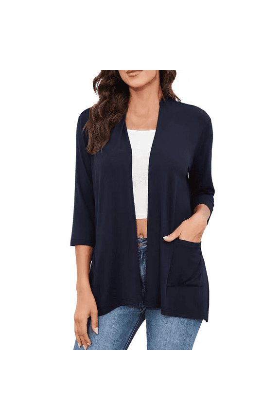 Plus Size Cardigan for Women, Yigetop Womens Casual Lightweight Cardigans with Pockets 3/4 Sleeve Open Front Dusters Cardigan Sweaters for Women Navy 2XL