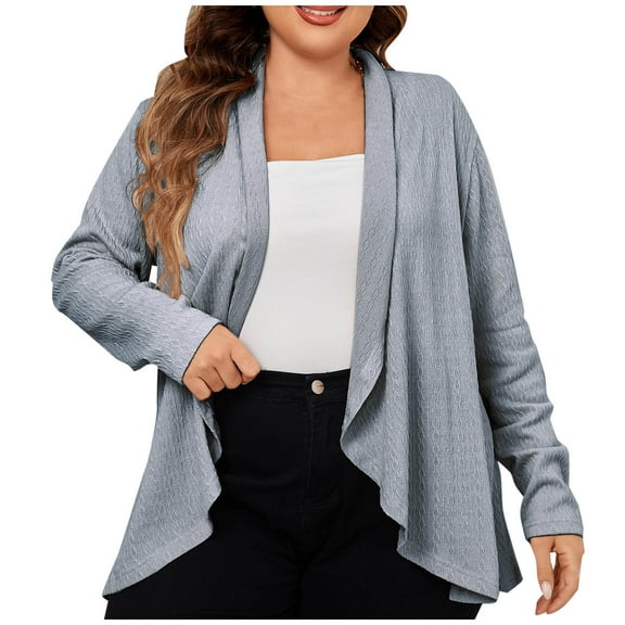 Plus Size Cardigan for Women 2025 Long Sleeves Open Front Lightweight Cardigan Draped Ruffles Knit Cardigan