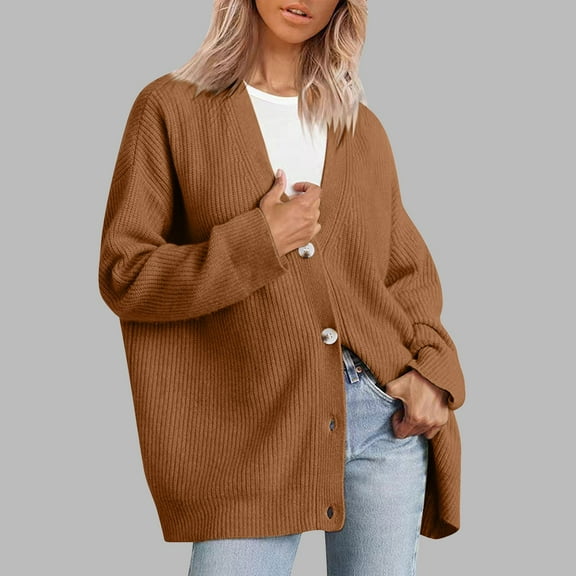 Plus Size Cardigans Sweaters for Women Casual Button-Down V Neck Chunky Knitted Coats Solid Long Sleeve Loose Warm Outerwear Sweater XS/4X