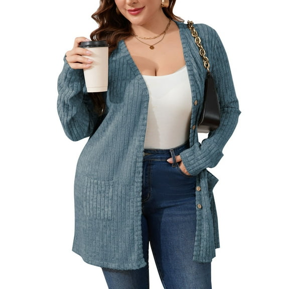 Drvitor Plus Size Cardigans for Women Lightweight Long Sleeve Open Front Button Up Fall Cardigans with Pockets, Sizes XL-5XL