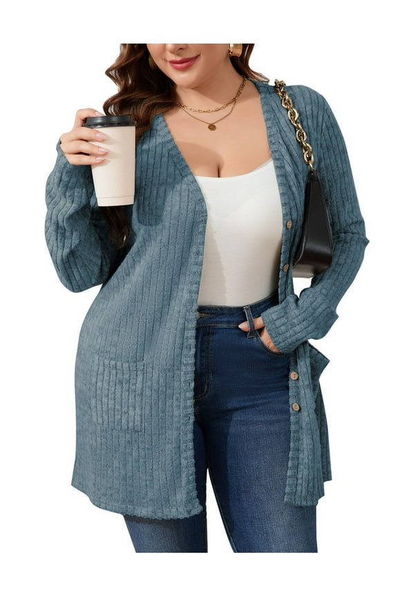 Plus Size Cardigans for Women Lightweight Long Sleeve Open Front Button Up Fall Cardigans with Pockets, Sizes XL-5XL