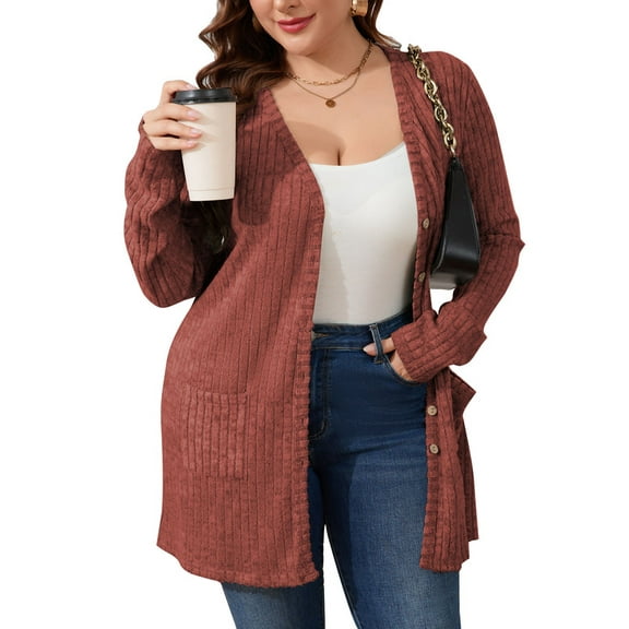 Drvitor Plus Size Cardigans for Women Lightweight Long Sleeve Open Front Button Up Fall Cardigans with Pockets, Sizes XL-5XL