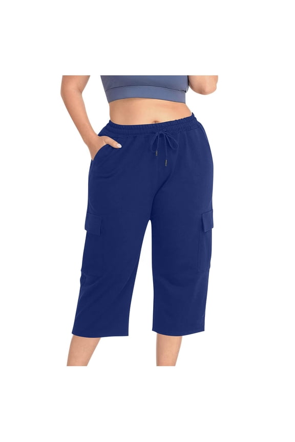 Plus Size Cargo Capris for Women Summer Casual Loose Wide Leg Drawstring Elastic Waist Cropped Pants with Pockets Blue L