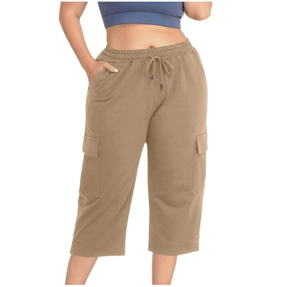 Plus Size Cargo Capris for Women Summer Casual Loose Wide Leg Drawstring Elastic Waist Cropped Pants with Pockets Khaki XL