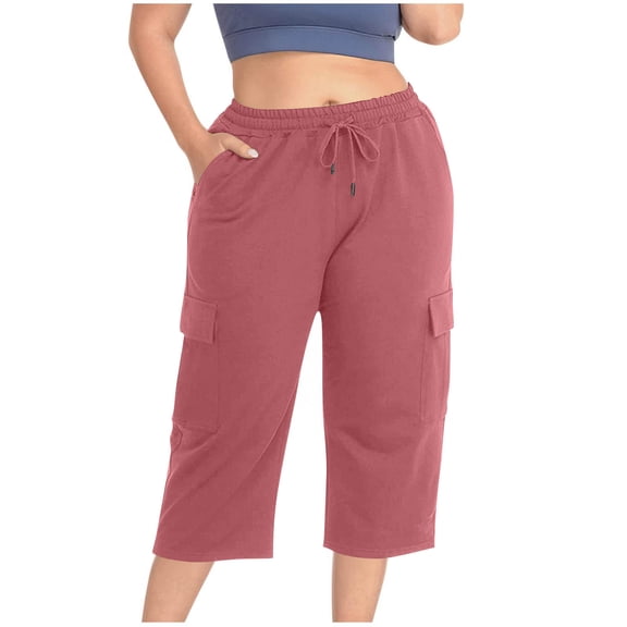 Plus Size Cargo Capris for Women Summer Casual Loose Wide Leg Drawstring Elastic Waist Cropped Pants with Pockets Pink 2XL