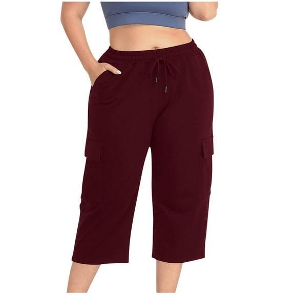 Plus Size Cargo Capris for Women Summer Casual Loose Wide Leg Drawstring Elastic Waist Cropped Pants with Pockets Wine 3XL