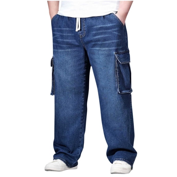 Plus Size Cargo Jean for Men Straight Leg Elastic Waist Drawstring Denim Pants Fashion Wide Leg Trousers