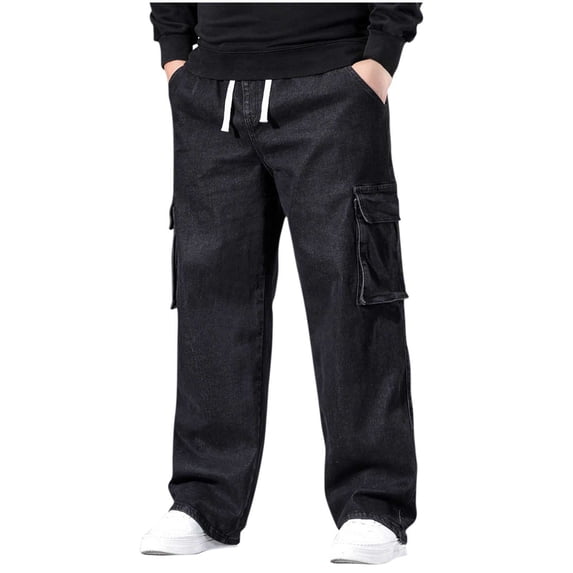 Plus Size Cargo Jean for Men Straight Leg Elastic Waist Drawstring Denim Pants Fashion Wide Leg Trousers