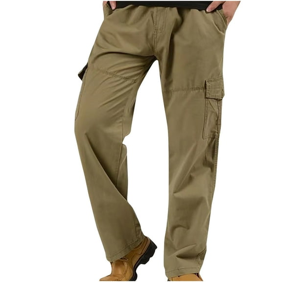 Plus Size Cargo Pants for Men Big & Tall Cotton Drawstring Elastic Waist Relaxed Straight Leg Multi Pockets Solid Comfort Loose Outdoor Jogger Trousers