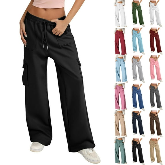 Plus Size Cargo Pants for Women High Waisted Casual Pants Wide Leg Streetwear Pants Jogger Solid Pants Hippie Punk Trousers Loose Long Pants with Pockets on Clearance