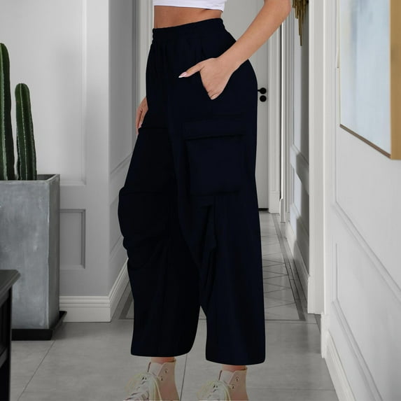Plus Size Cargo Pants Women Low Waisted Parachute Pants Women's Solid Color Fashionable And Comfortable High Waisted Workwear Pants With 8 Pockets For Casual Wear Ndbuld Dark Blue M