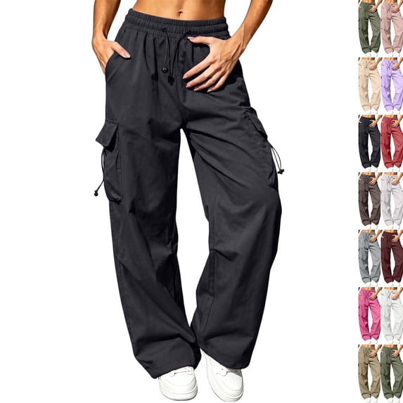 Plus Size Cargo Pants for Women Wide Leg High Waisted Lightweight Stretchy Sweatpants with Pockets for Hiking Outfits Black XXL