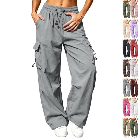 Plus Size Cargo Pants for Women Wide Leg High Waisted Lightweight Stretchy Sweatpants with Pockets for Hiking Outfits Gray S
