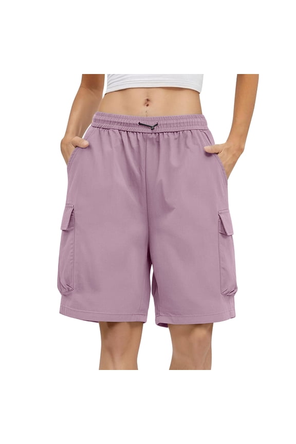 Plus Size Cargo Shorts for Women Multi Pockets Drawstring High Waist Quick Dry Loose Summer Sweatshorts (2XL, Pink)