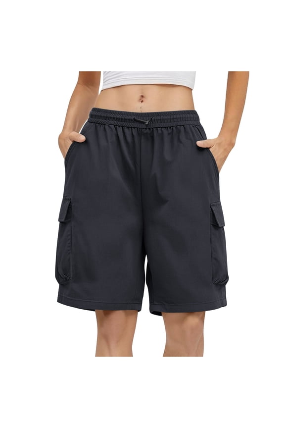 Plus Size Cargo Shorts for Women Multi Pockets Drawstring High Waist Quick Dry Loose Summer Sweatshorts (L, Black)