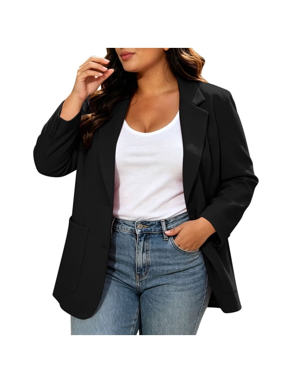 Plus Size Casual Blazers for Women Single Button Front Long Sleeve Work Office Blazer Jacket with Pockets (3XL, Black)