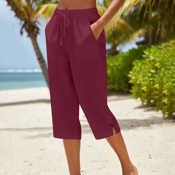 Plus Size Casual Cropped Trousers,Wine Soft Breathable Capri Pants with Drawstring Waist for Vacation Travel Shopping,Size 3XL