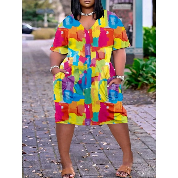 [Plus Size Casual Dress] Plus Size Women's Colorblock Geometric Print Casual Dress, V Neck Short Sleeve Medium Stretch With Pockets