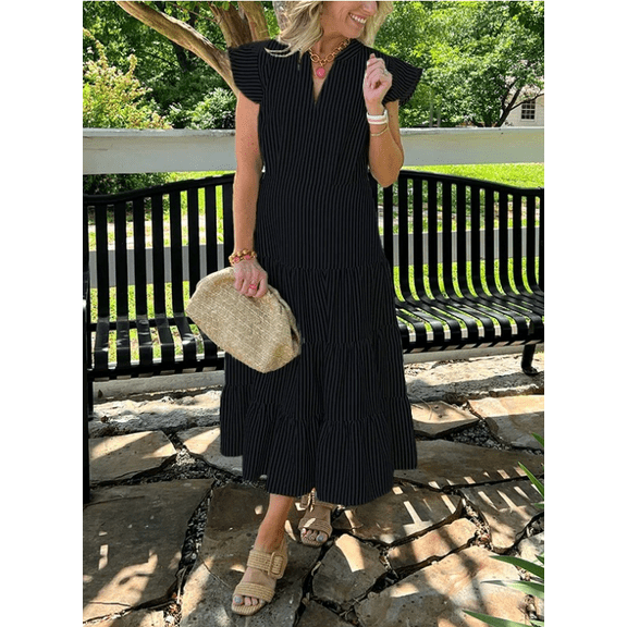 Plus Size Casual Dresse For Women Summer Short Fly Sleeve V Neck High Waist Casual Loose Striped Midi Dresses