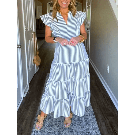 Plus Size Casual Dresse For Women Summer Short Fly Sleeve V Neck High Waist Casual Loose Striped Midi Dresses