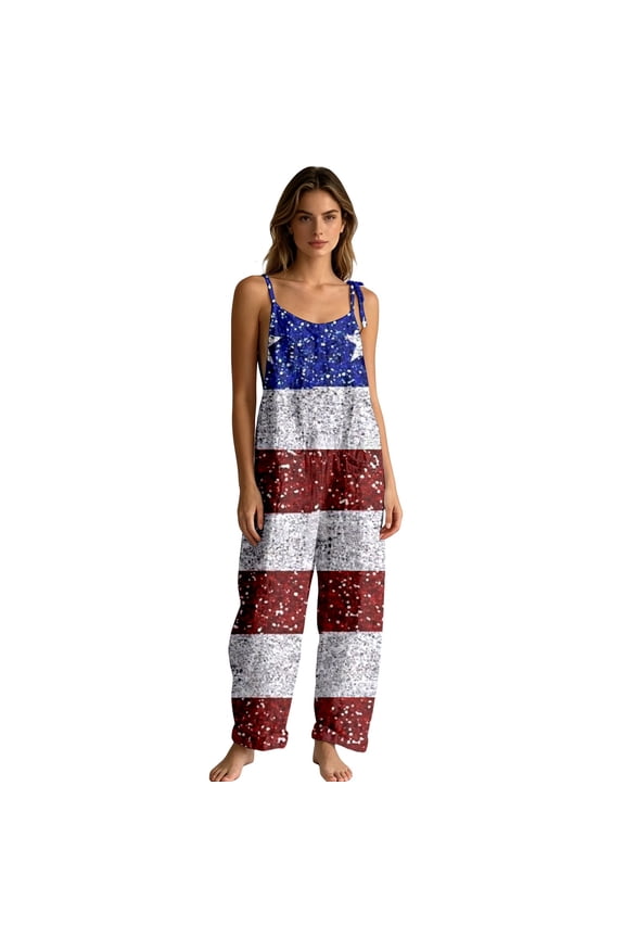 Plus Size Casual Glitter American Flag Print Spaghetti Strap Jumpsuits for Independence Day