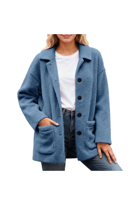 Plus Size Casual Jacket for Women Timeless Solid Color Long Sleeve Outerwear with Front Button Closure and Side Pockets