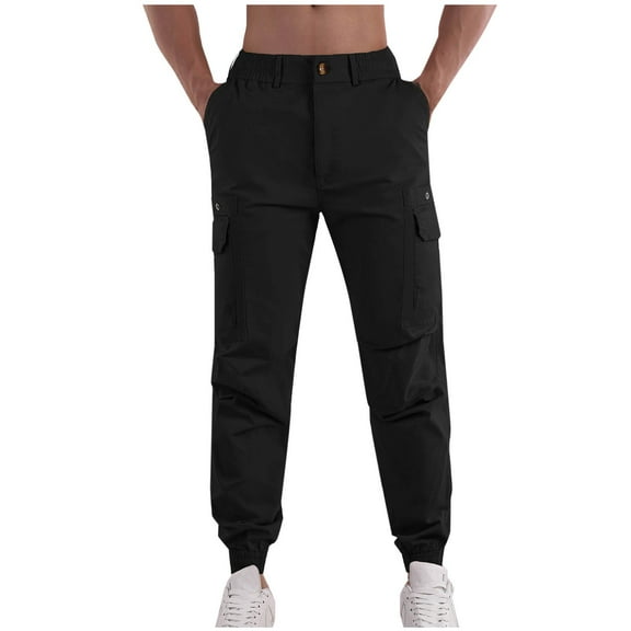 Plus Size Casual Pants for Mens Relaxed Fit Fashion Solid Color Cargo Pockets Elastic Rope Waist Casual Cargo Pants Full Length Pants Gifts for Mens