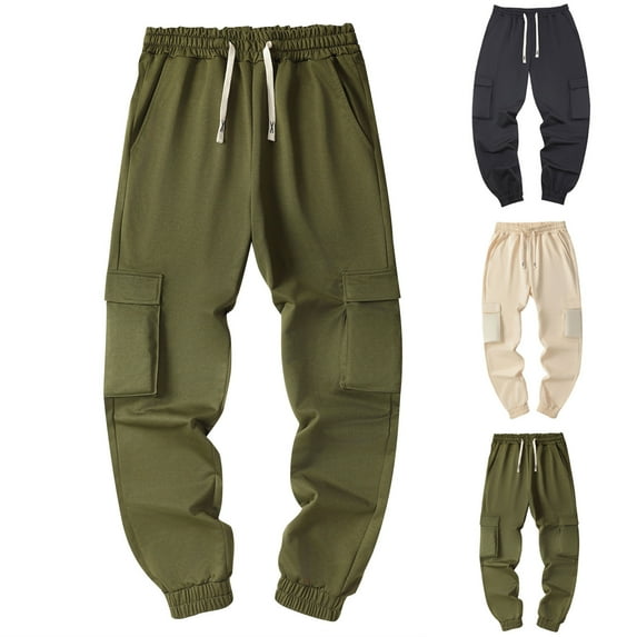 Plus Size Casual Pants for Mens Elastic Waist Fashion Drawstring Elastic Waist Multi-Pocket Casual Sweat Length Pants 50% off