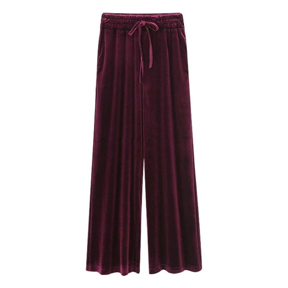 Plus Size Casual Pants for Women Drawstring High Waisted Velvet Wide Leg Pants Loose Fit Lounge Pants Solid Color Vintage Trousers Wine,XL