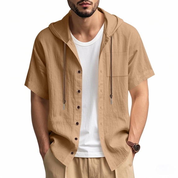 Plus Size Casual Shirts for Mens Fashion Summer Casual Solid-Color Button Cardigan Pocket Short Sleeve Hooded Shirt
