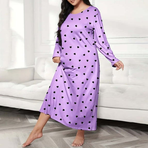 Plus Size Casual Sleep Dress Women's Plus Heart Print Long Sleeve Round Neck Medium Stretch Loose Nightdress, Animal Print Sleepshirts with Lounge Pants