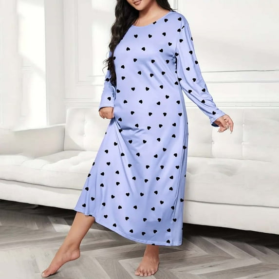 Plus Size Casual Sleep Dress Women's Plus Heart Print Long Sleeve Round Neck Medium Stretch Loose Nightdress, Open-Back Nightshirts for Breastfeeding Convenience