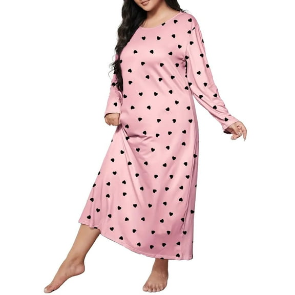Plus Size Casual Sleep Dress Women's Plus Heart Print Long Sleeve Round Neck Stretch Loose Nightdress