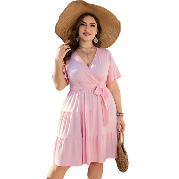 Plus Size Casual Summer Dress for Women  Wrap V Neck Ruffle Sleeve Smock  Mini Dress
