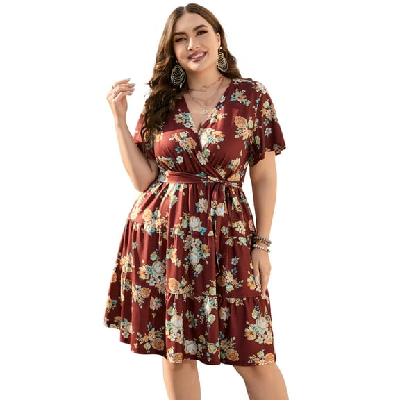 Plus Size Casual Summer Dress for Women  Wrap V Neck Ruffle Sleeve Smock  Mini Dress
