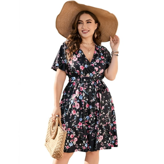 Plus Size Casual Summer Dress for Women Wrap V Neck Ruffle Sleeve Smock Mini Dress