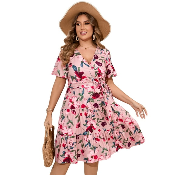 Plus Size Casual Summer Dress for Women  Wrap V Neck Ruffle Sleeve Smock  Mini Dress