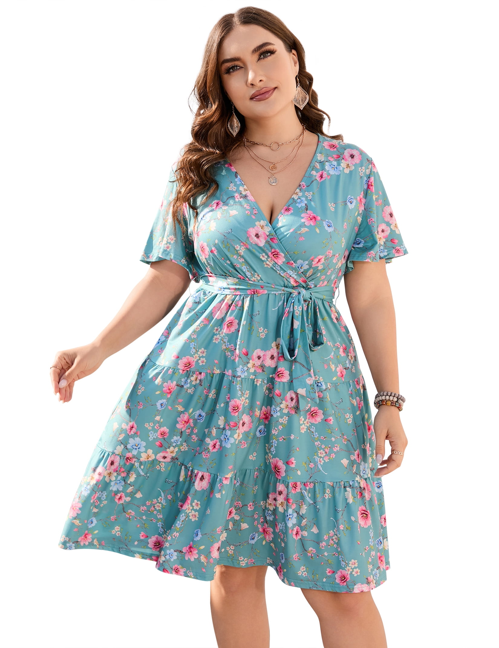 SHOWMALL Women's Plus Size Casual Summer Dress with Pockets, Crossover V Neck Beach Party Dress, Soft Breathable High Waist Sun Dress