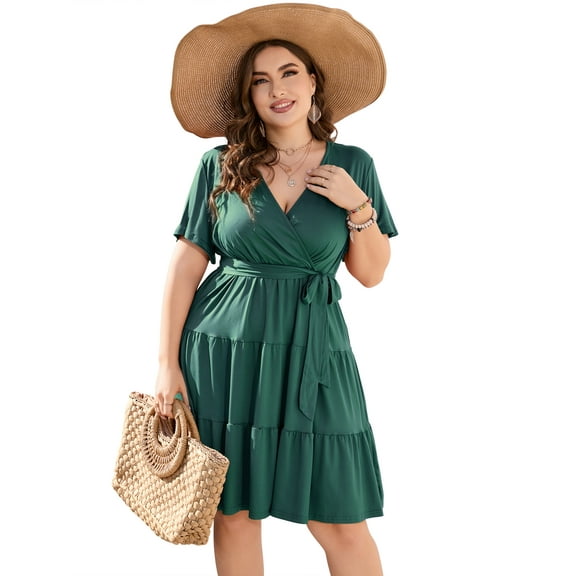 Plus Size Casual Summer Dress for Women  Wrap V Neck Ruffle Sleeve Smock  Mini Dress