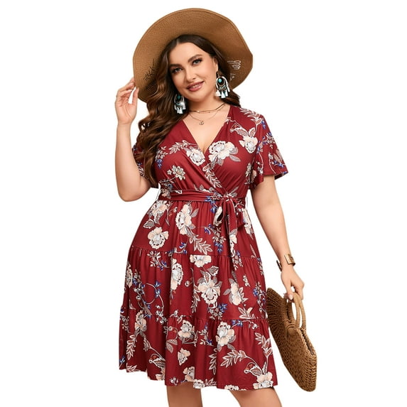 Plus Size Casual Summer Dress for Women Wrap V Neck Ruffle Sleeve Smock Mini Dress