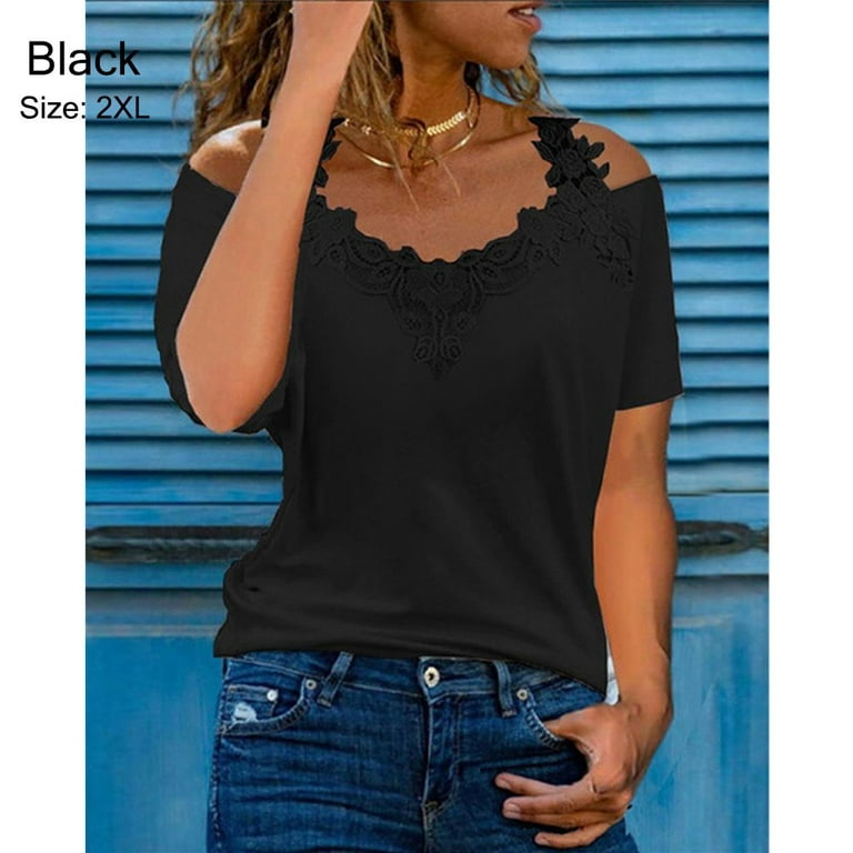 Plus Size Casual Summer Solid Color Lace Blouse T-Shirts Women's