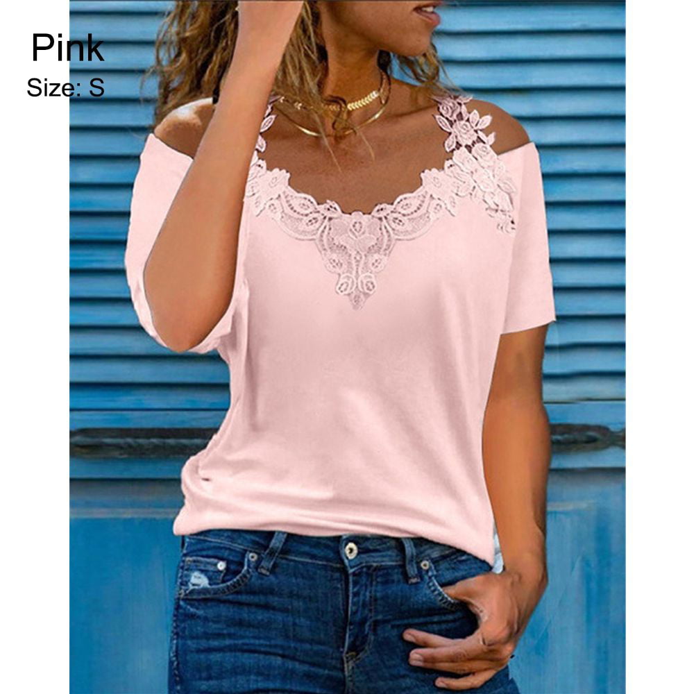 JWD Plus Size Tops For Women Summer Blouse Waffle Knit Short Lace