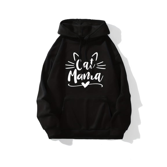 Plus Size Casual Sweatshirt, Women's Plus Letter & Graphic Print Long Sleeve Drawstring Hooded Sweatshirt With Pockets