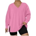 thumbnail image 1 of Plus Size Casual Sweatshirts for Women Spring Fall V Neck Tops Side Split Hem Long Sleeve Loose Pullover Tshirts (5XL, Pink), 1 of 4