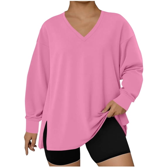 Plus Size Casual Sweatshirts for Women Spring Fall V Neck Tops Side Split Hem Long Sleeve Loose Pullover Tshirts (5XL, Pink)